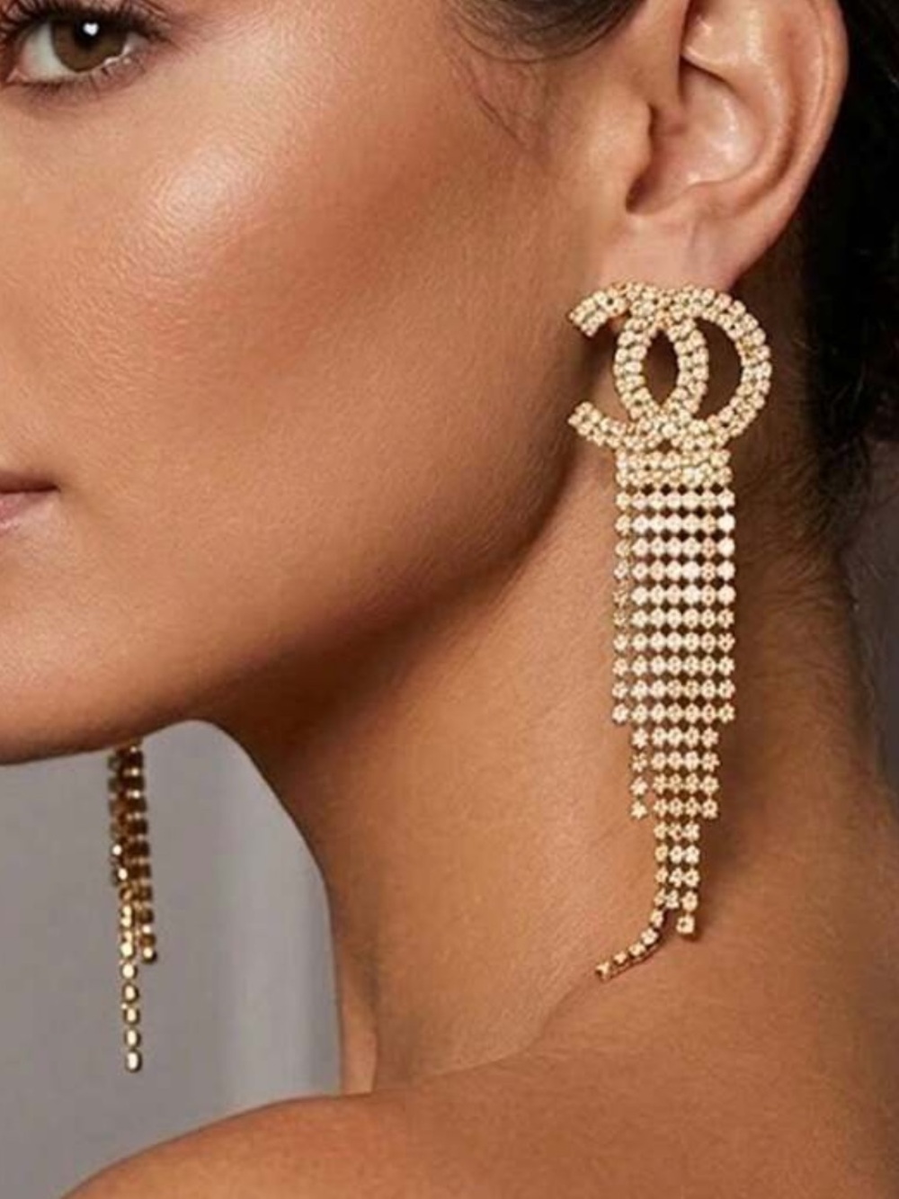 Gold Tone Crystal Fringe C Statement Earrings